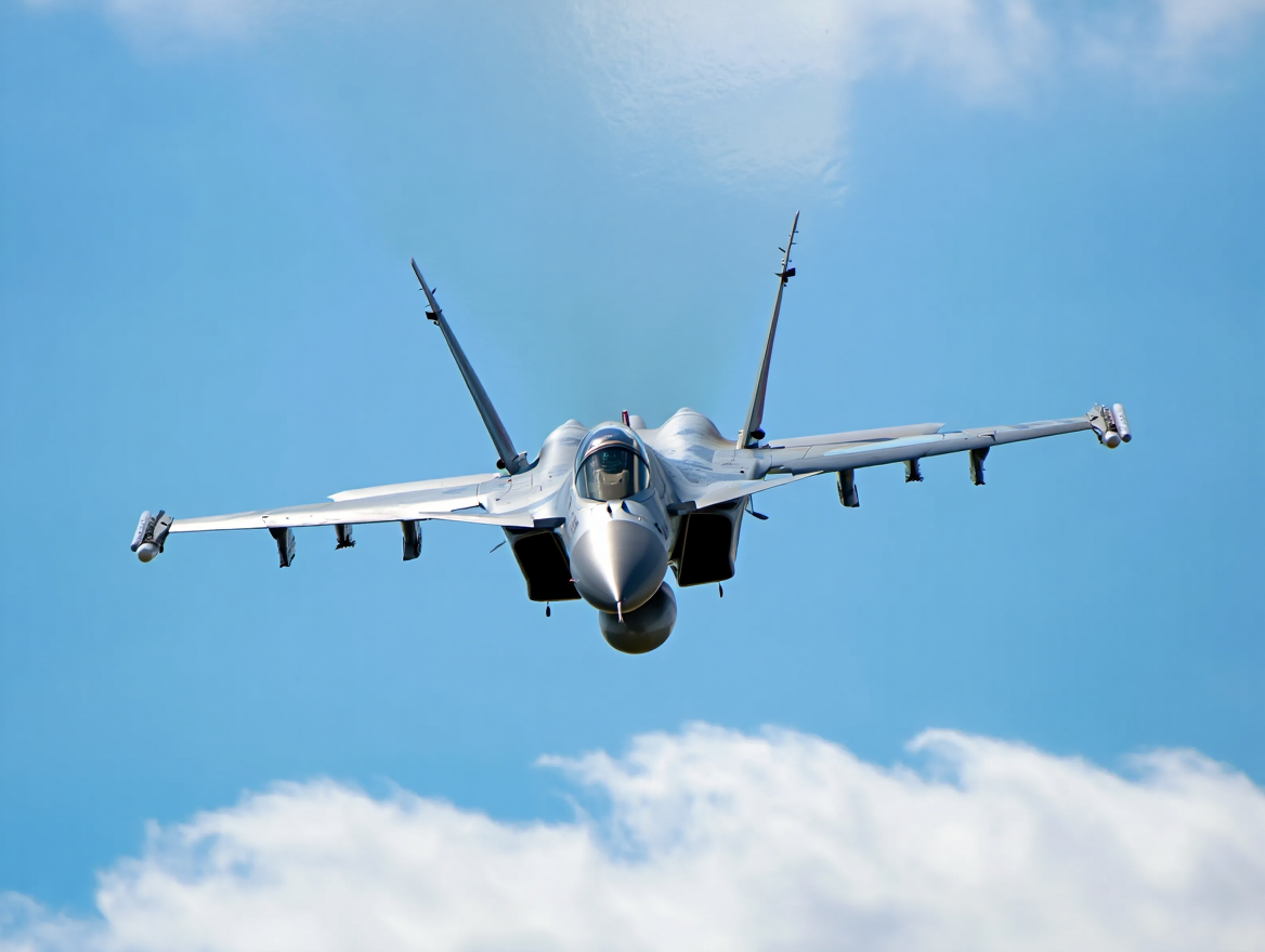 A modern military fighter jet soars through a bright blue sky