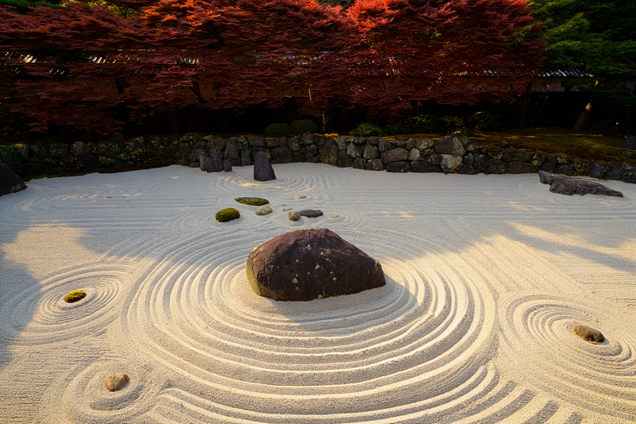 A Japanese-style rock garden at sunset features concentric rings raked into white sand surrounding a central dark gray boulder