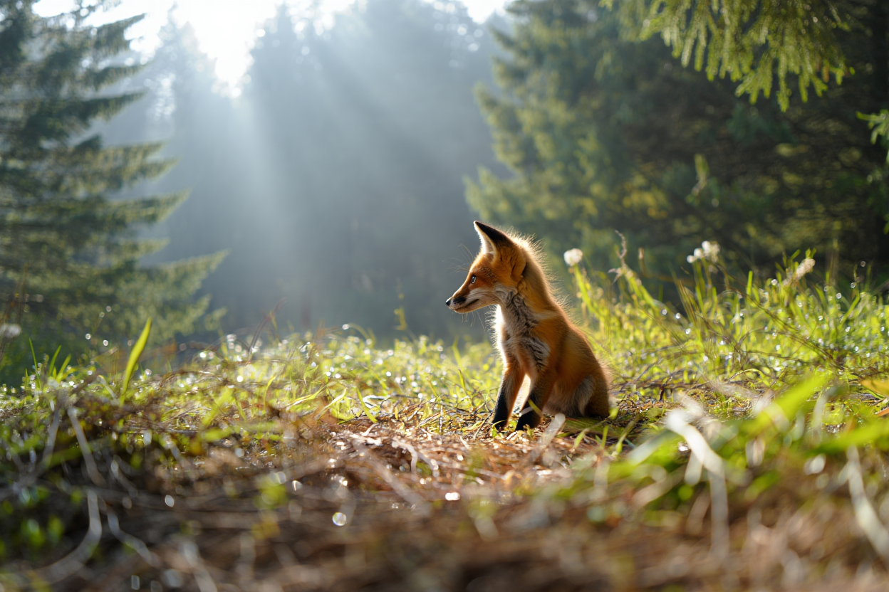 A light-filled morning scene in a forest clearing, where rays of sunlight pierce through a misty canopy of evergreen trees