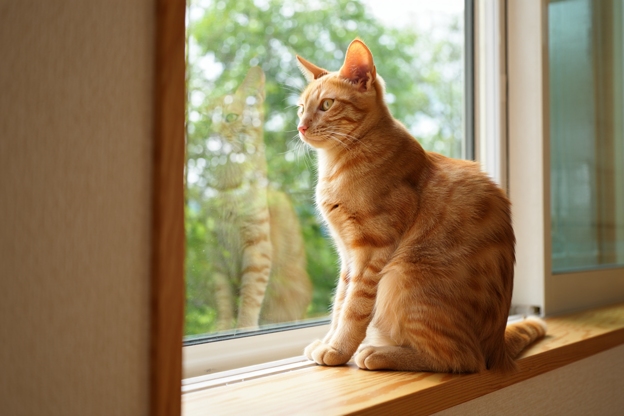 A lovely ginger cat sits upright on a wooden window sill, gazing out through a large window