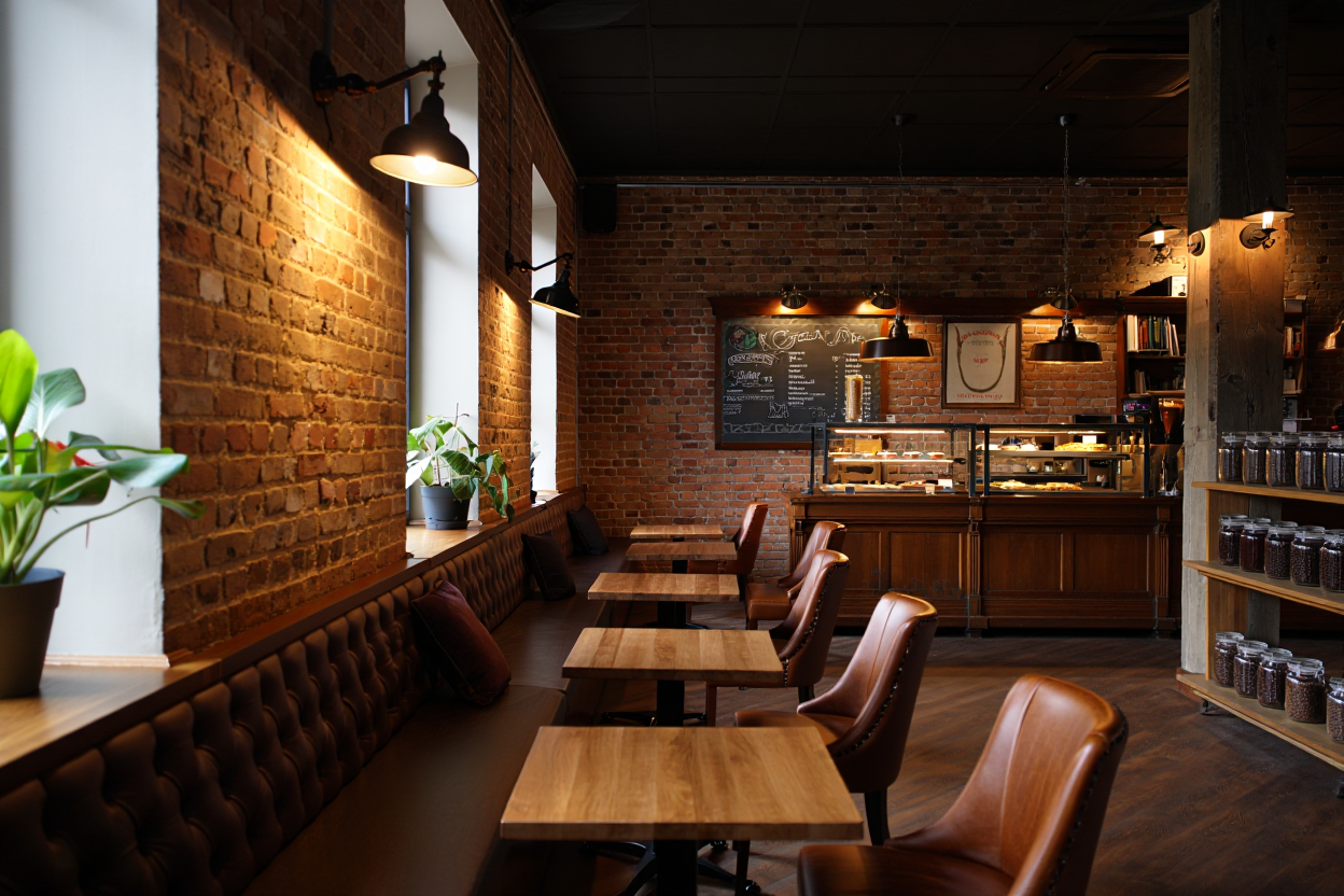 An inviting coffee shop interior features exposed brick walls with industrial metal sconces casting warm light