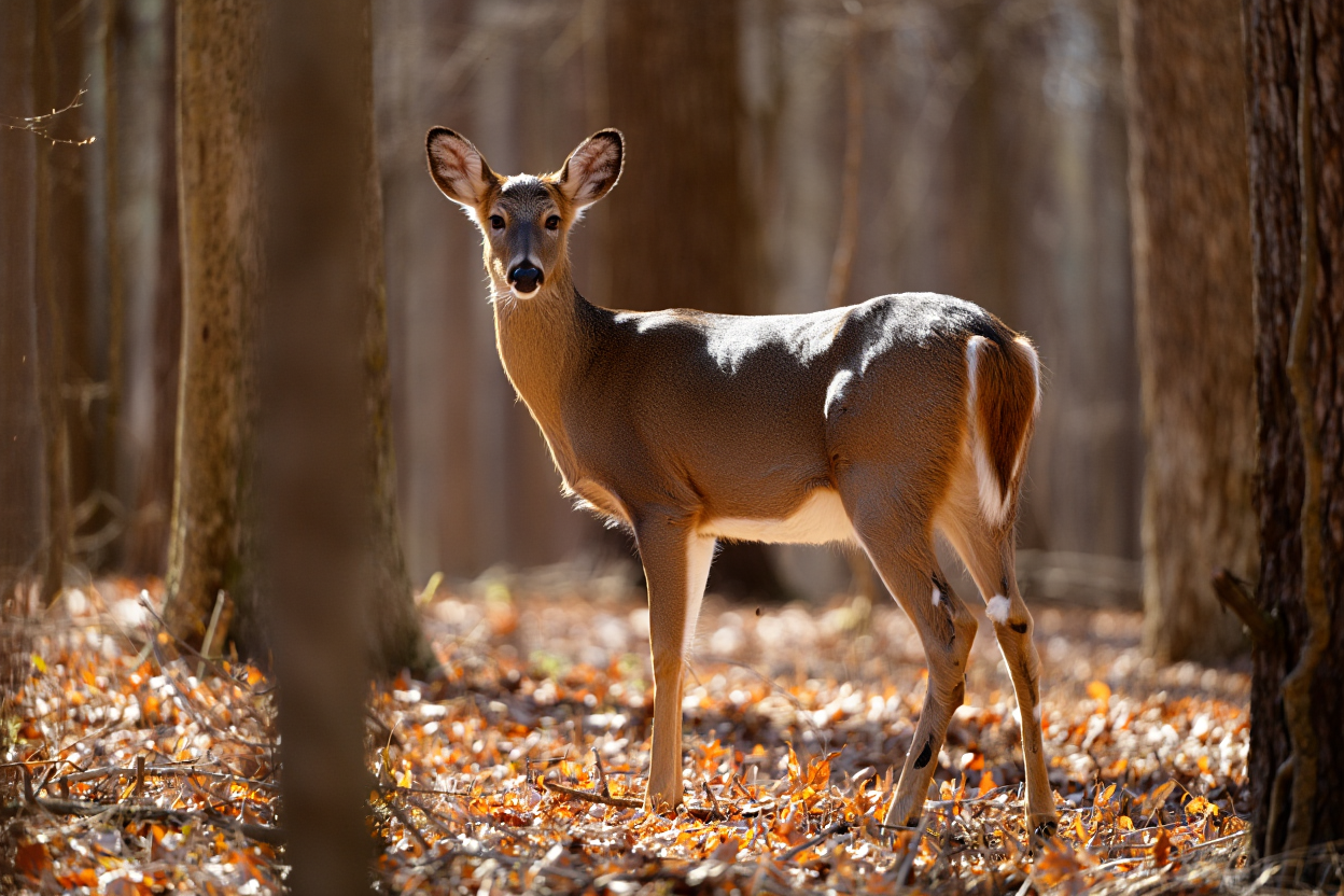 A white-tailed deer stands in a sunlit forest clearing, its ears perked and alert
