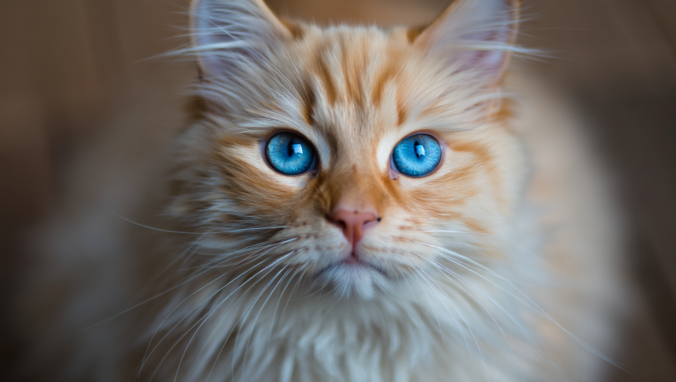 A close-up photograph of a fluffy cat's face shows vivid blue eyes gazing directly at the camera