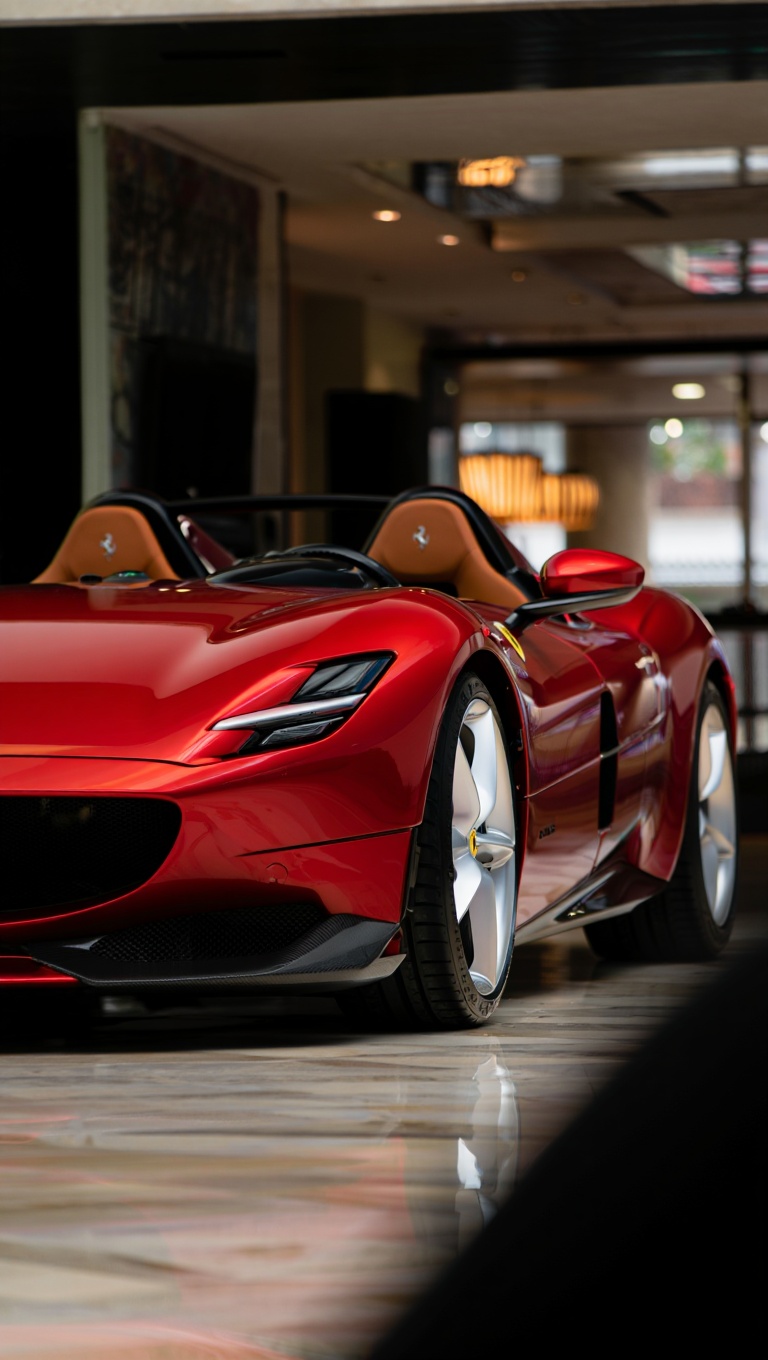 A Ferrari Monza SP2 supercar sits prominently in a luxury showroom setting. The car's aerodynamic body features a two-tone color scheme with a glossy red exterior and black carbon fiber accents