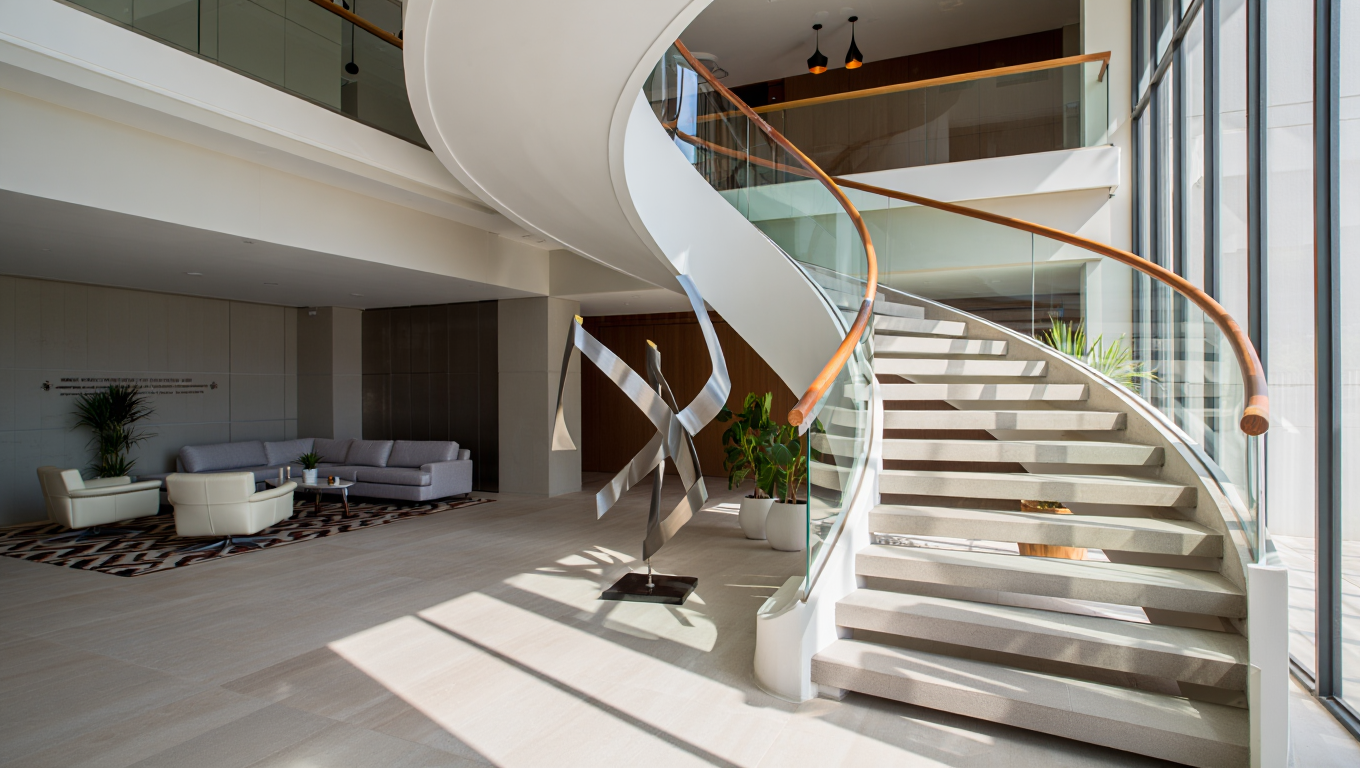 A modern interior features a white marble spiral staircase as the focal point, ascending through an open two-story space