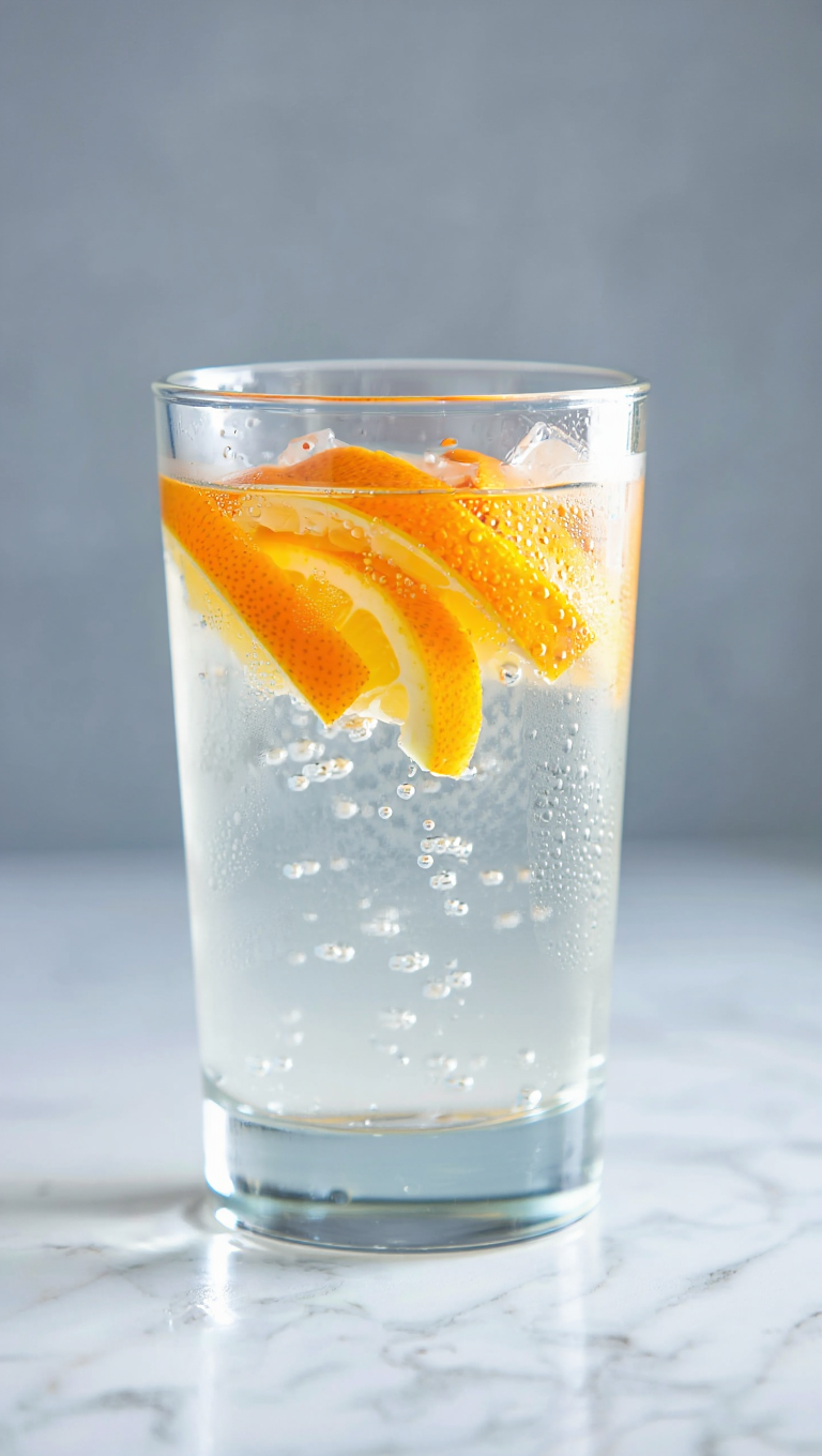 Glass filled with a bubbly, carbonated liquid, ice cubes, and two orange slices