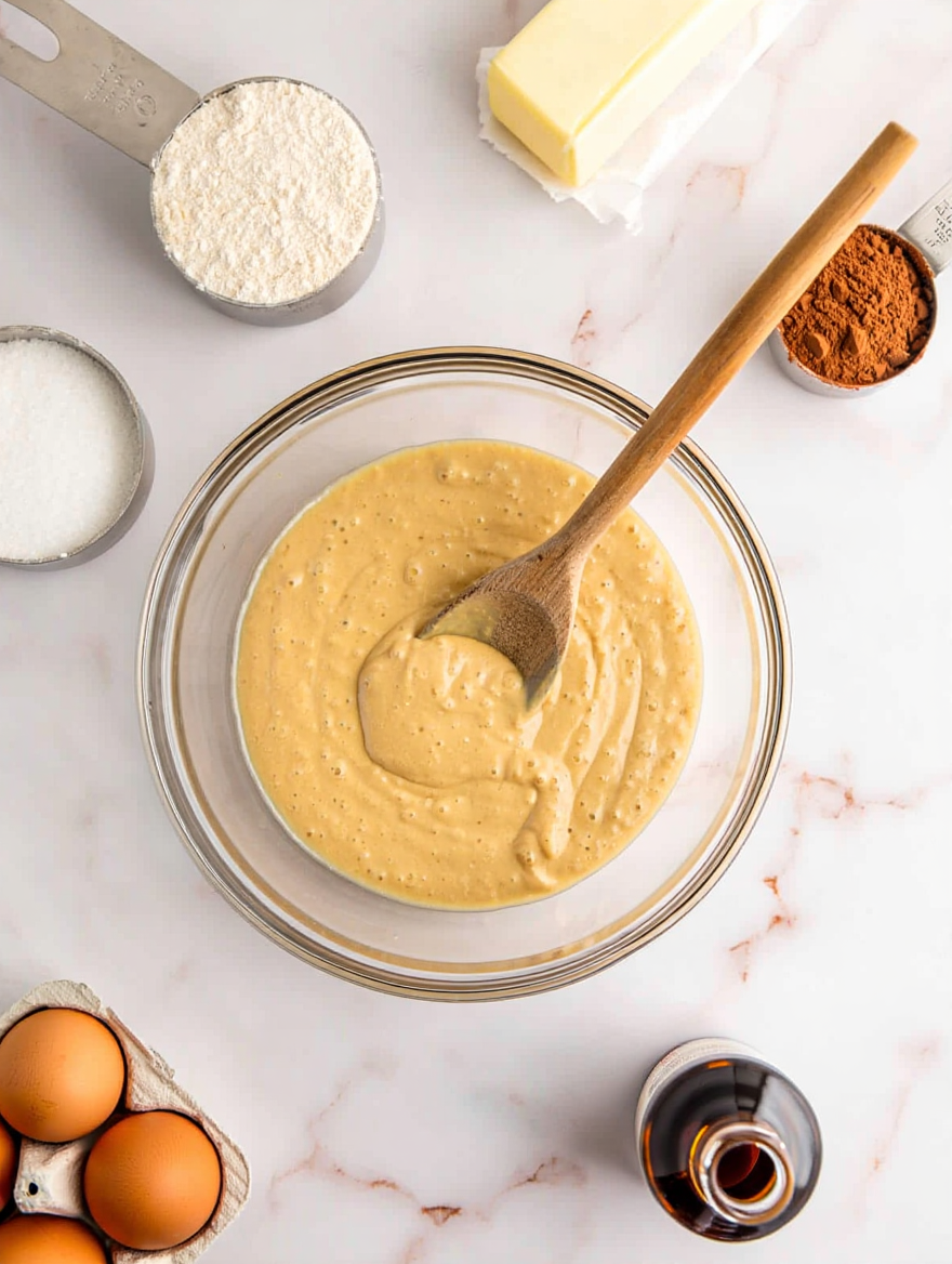 Clear glass mixing bowl containing light brown, slightly lumpy batter with a light brown wooden spoon