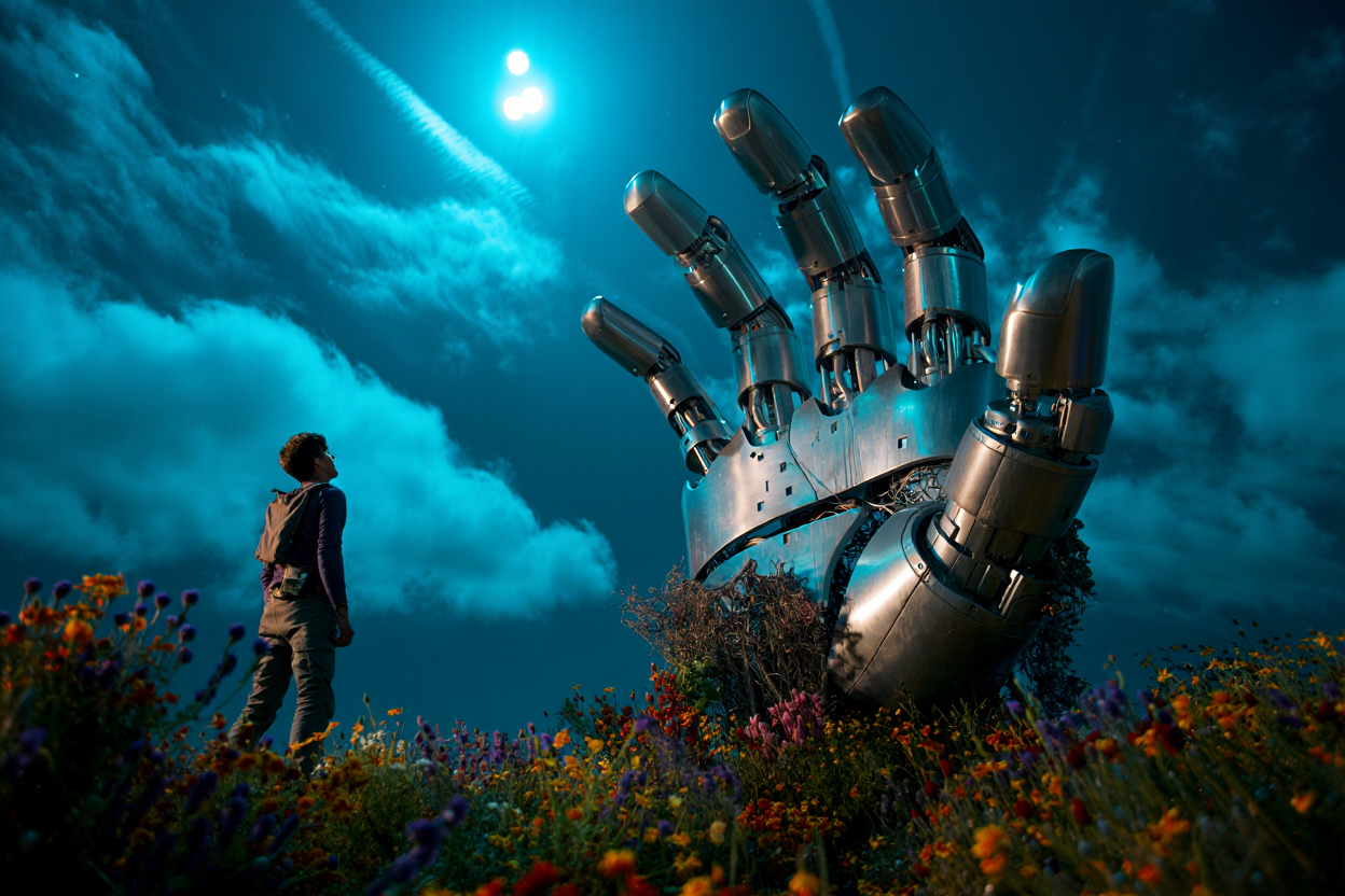 Giant metallic robotic hand with visible joints and mechanisms emerging from a field of colorful wildflowers at night