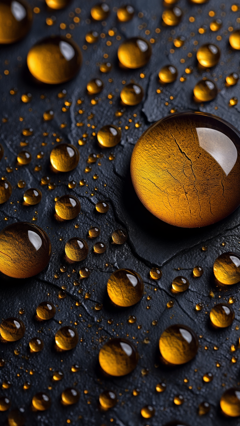 Macro photography of numerous water droplets on a dark, textured surface resembling slate or stone