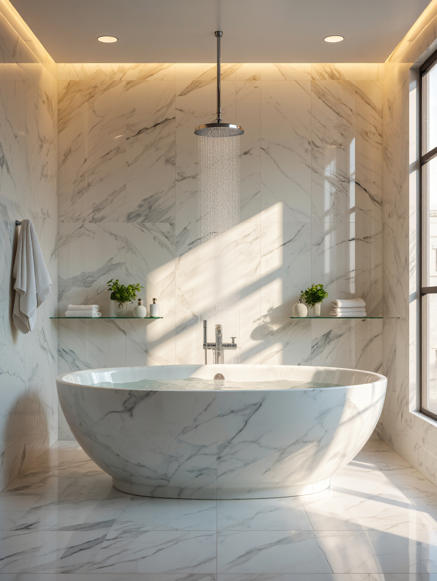 A wide-angle architectural photography of a modern, minimalist bathroom interior