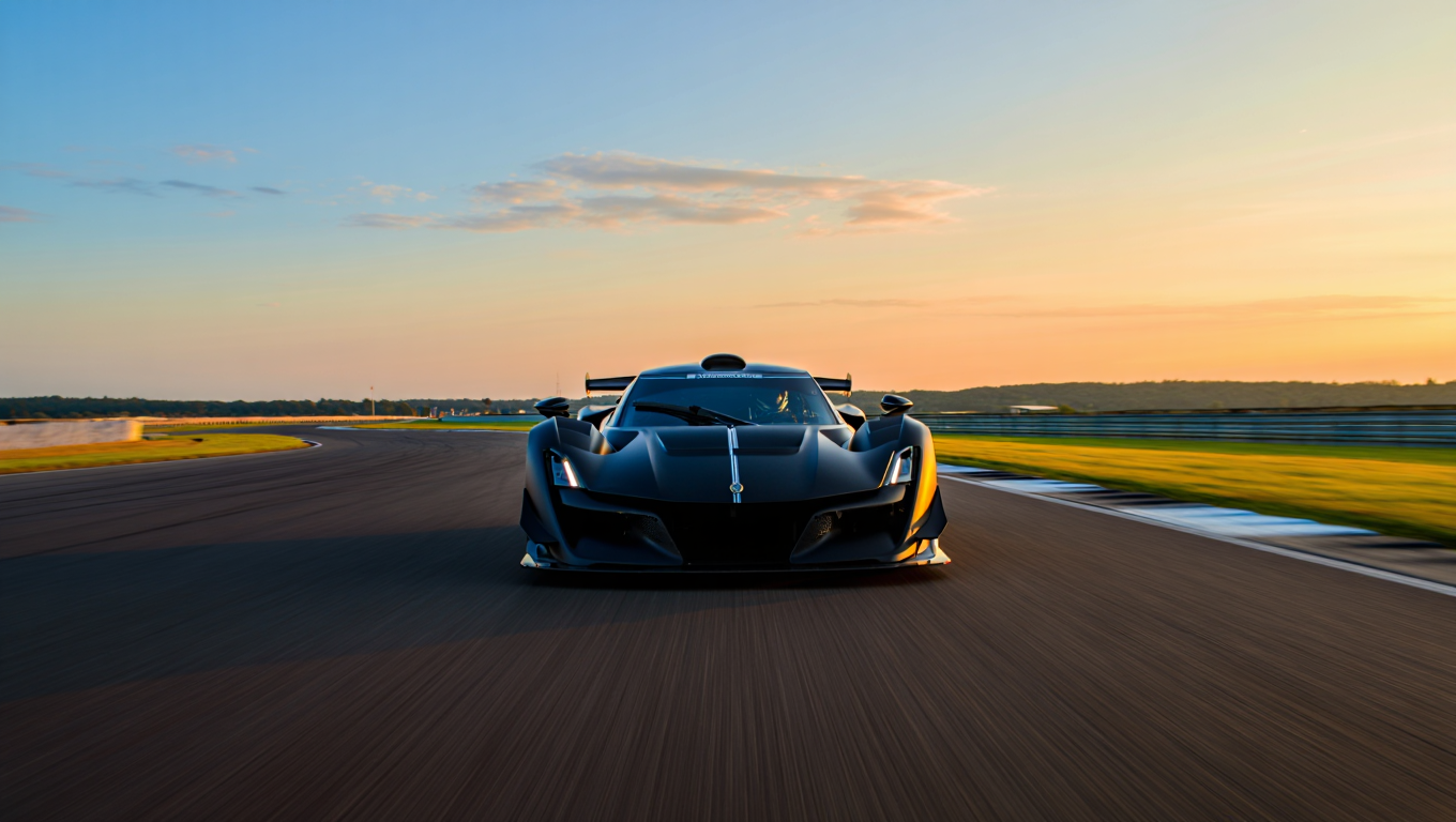 Photography of a dark gray or black 2020 Nissan GT-R50 by Italdesign on a racetrack at sunset